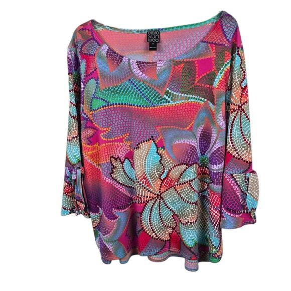Clara Sun Woo Mosaic Petal Coral Multicolor High Low Tunic Ruffle Tie Sleeves 1X - Picture 1 of 13